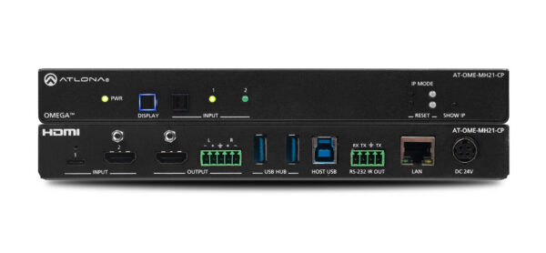 Omega 4K/UHD meeting hub with USB-C and HDMI inputs and HDMI output, USB-C Charging