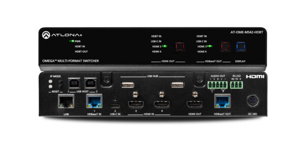 Omega 4x2 4K/UHD multiformat matrix switcher, with HDMI, USB-C, HDBaseT input and output with USB pass through over HDBaseT